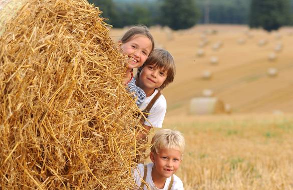 Kinder spielen hinter einem Heuballen